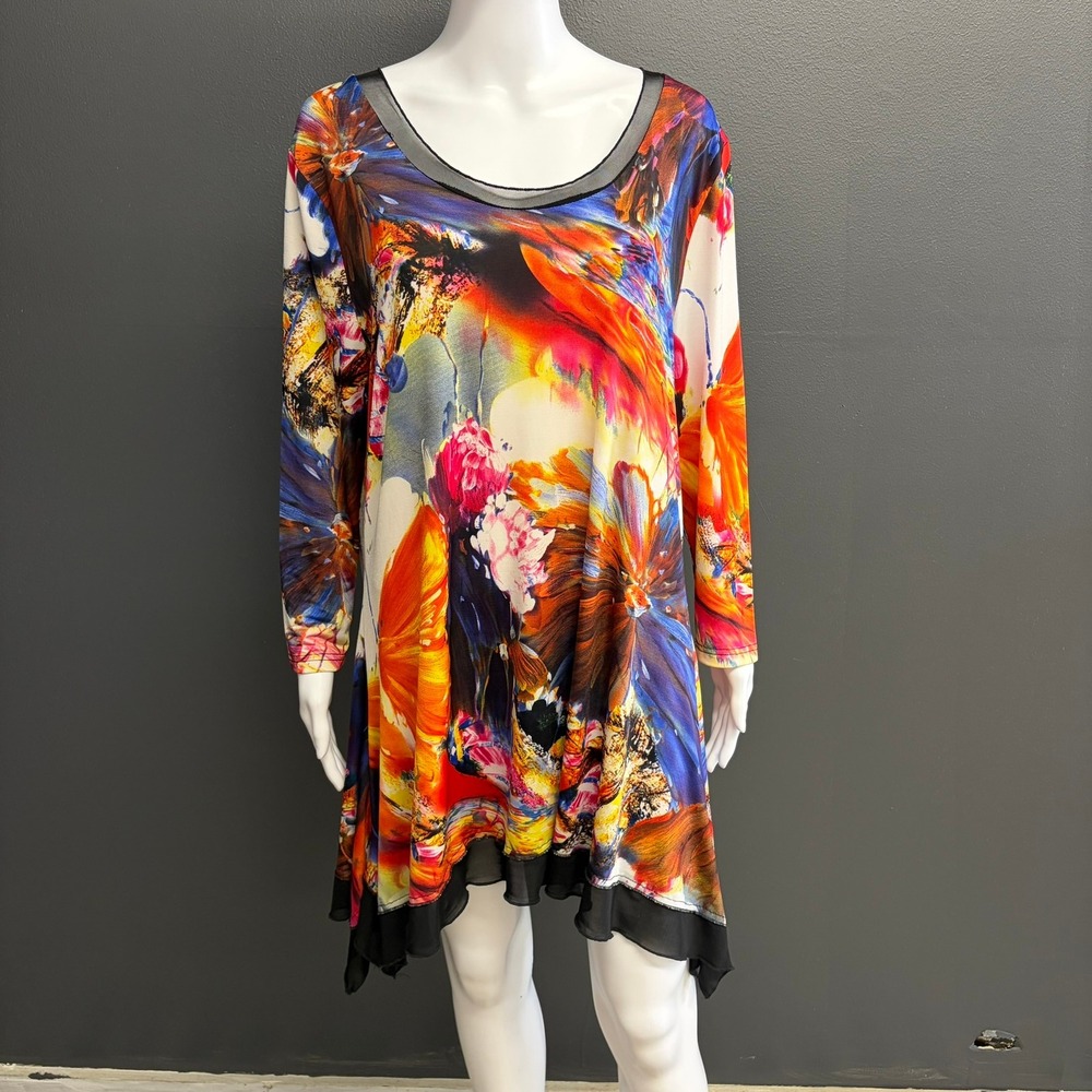 Investments Women's XL Abstract Floral Tunic Top Sharkbite Hem Mesh Trim Stretch